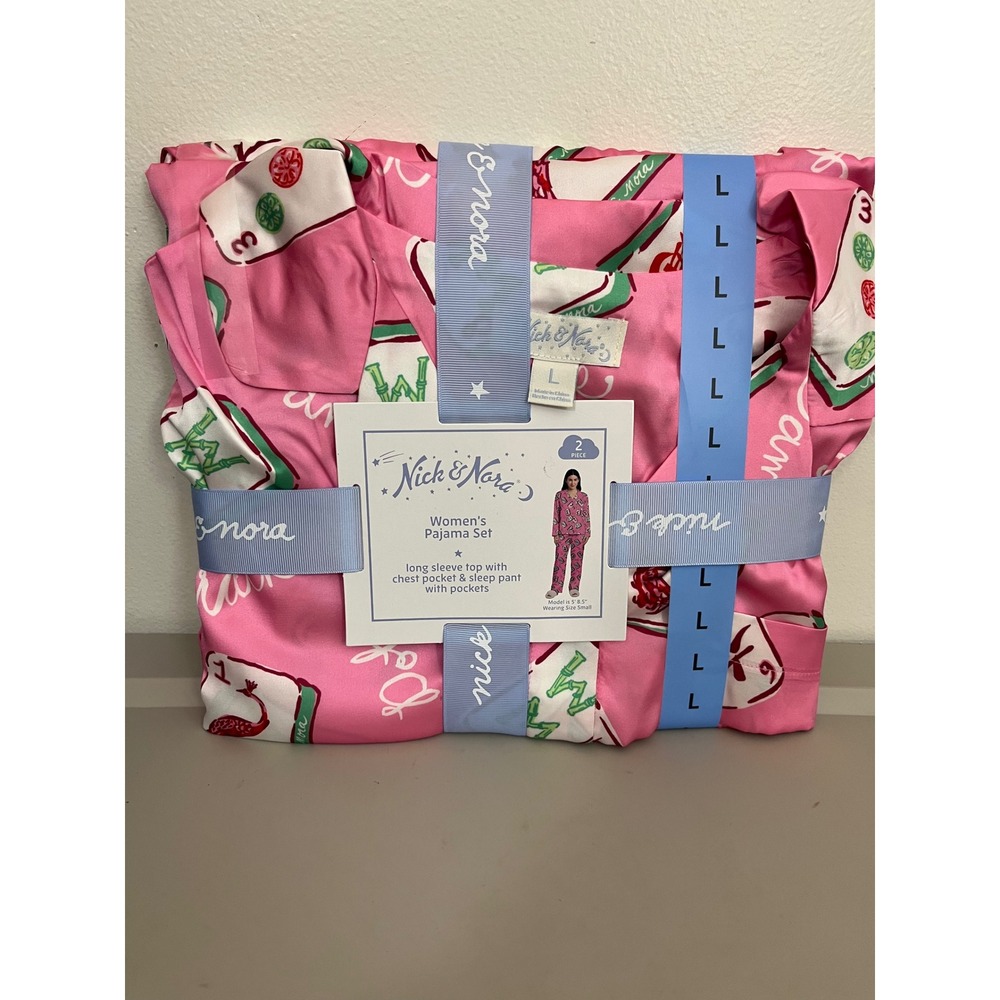 Nick & Nora Satin Mahjong Tile Pajama Set L PJs Pajama Party Asian New